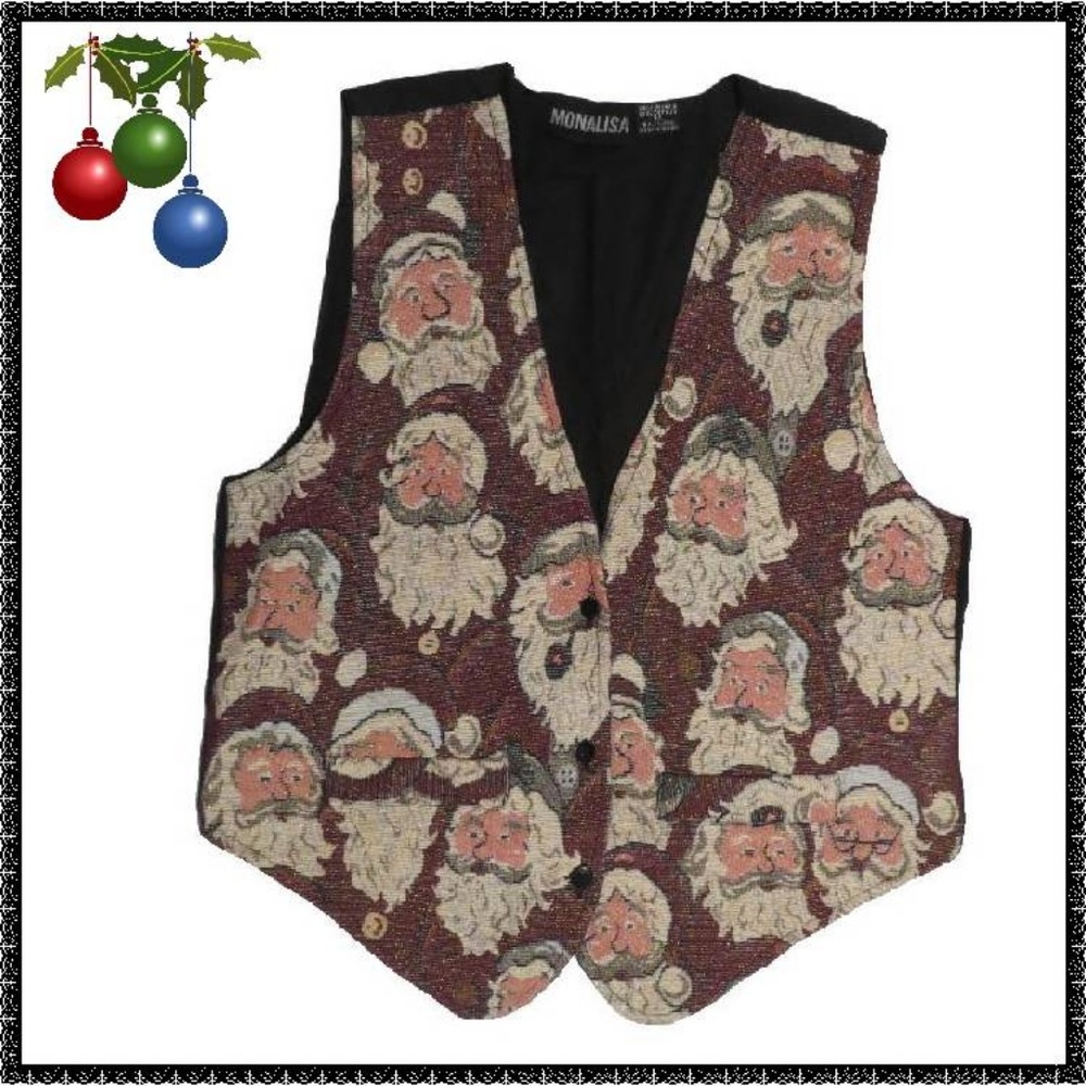 Ugly Christmas Vest M SANTA FACES Tapestry BUTTON
